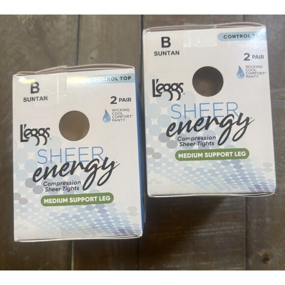 Leggs Sz B Sheer Energy Lot Of 2 Control Top Pantyhose  Medium Support Suntan - Picture 1 of 4
